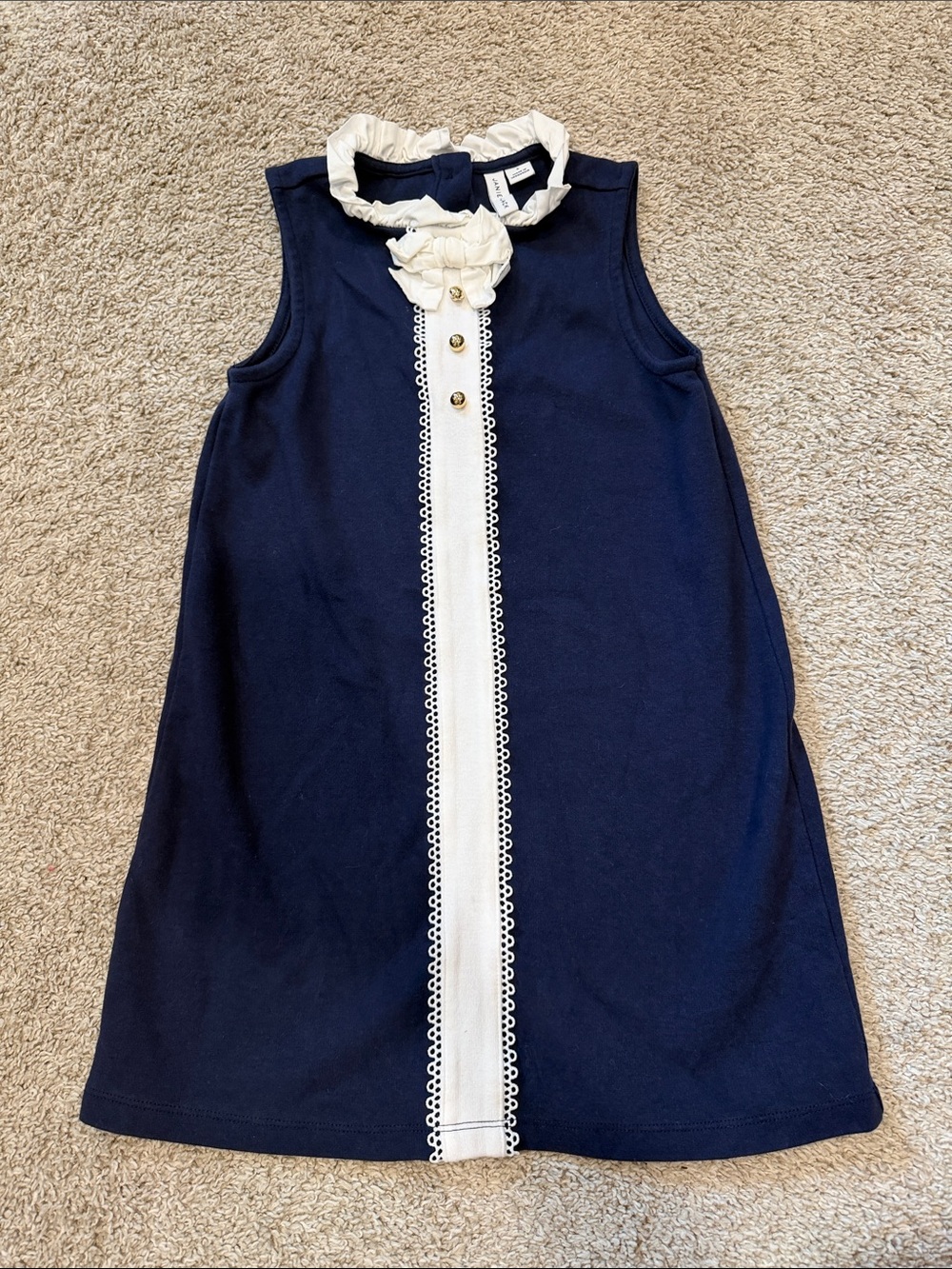 Janie and Jack Navy Dress with Cream Center Trim and Ruffled Collar